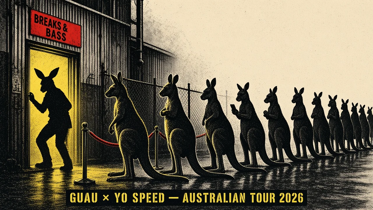 Kangaroos queuing outside an industrial club — Guau × Yo Speed Australian Tour 2026